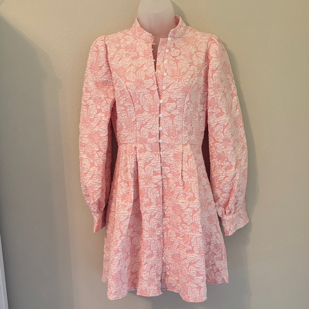 SHEIN Pink & White Floral Textured Long Sleeve Dress